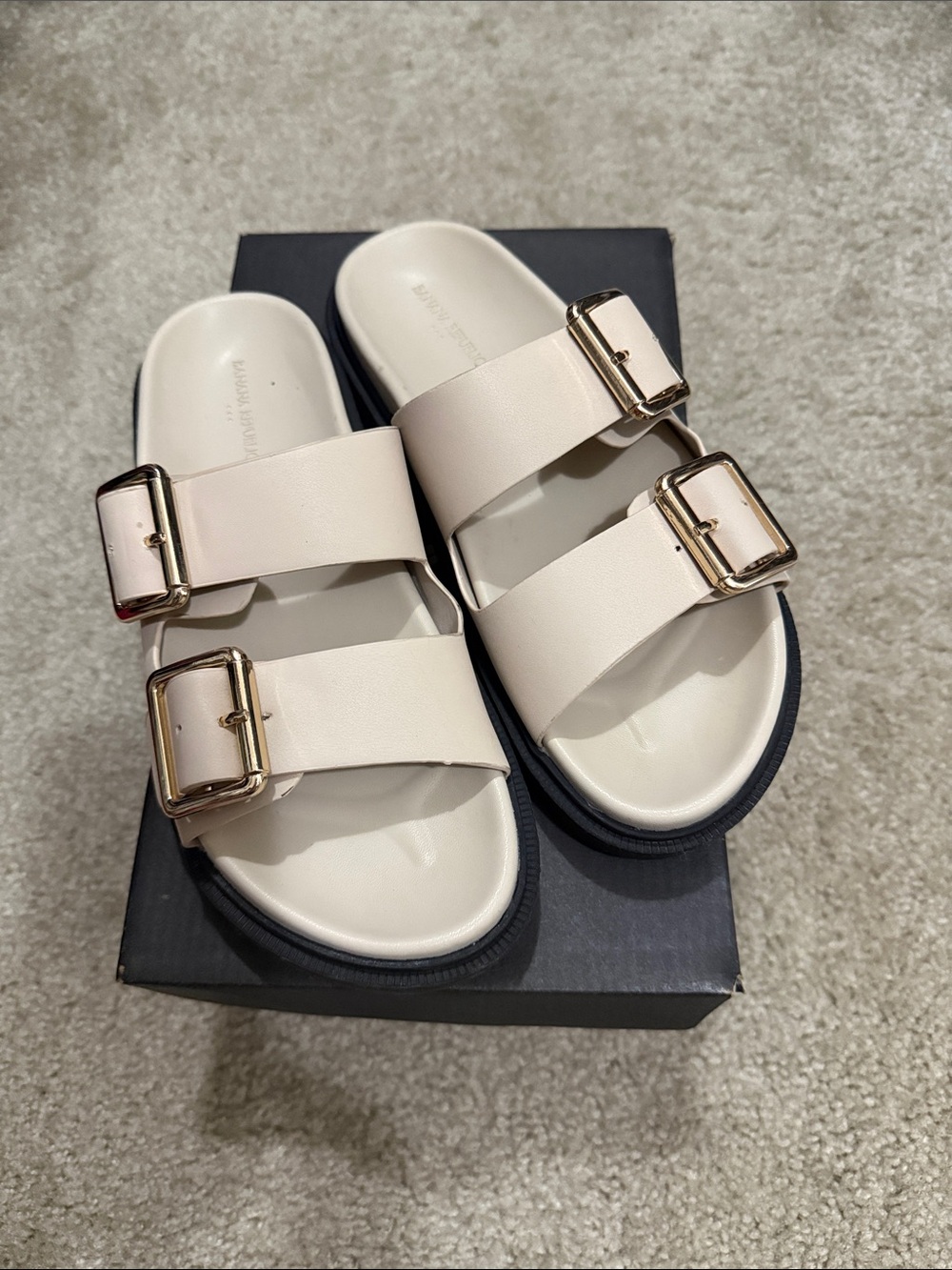 Banana Republic Cream Double-Buckle Slide Sandals with Gold Hardware